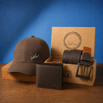 Trio cuero, Gorra, Correa y Billetera más caja de madera