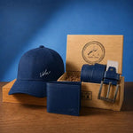 Trio cuero, Gorra, Correa y Billetera más caja de madera