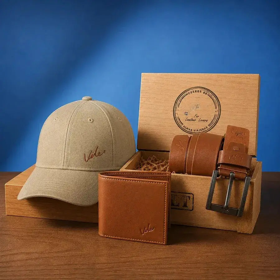 Trio cuero, Gorra, Correa y Billetera más caja de madera